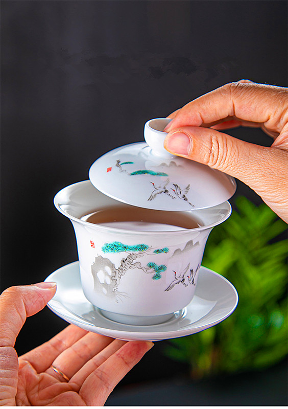 Čajová miska Zhong (dagaiwan) - Borovice a bílé Jeřáby