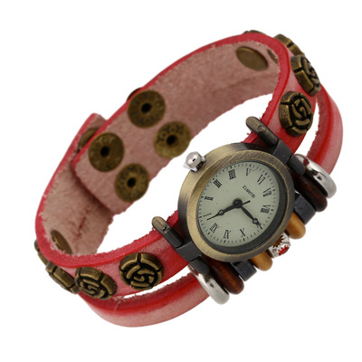 Elektronické dámské hodinky, kožený řemínek s růžemi