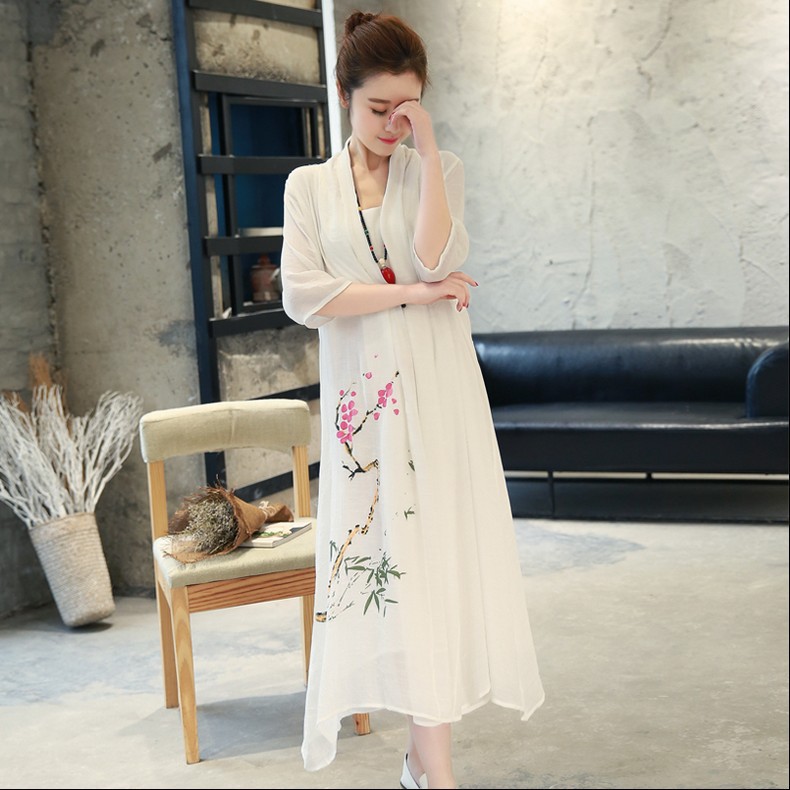 Čínské šaty cheongsam（švestkové květy a bambusy）- bílý