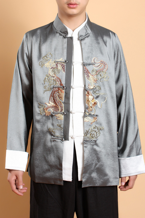 Čínský tradiční pánský kabát s drakem----stříbrný