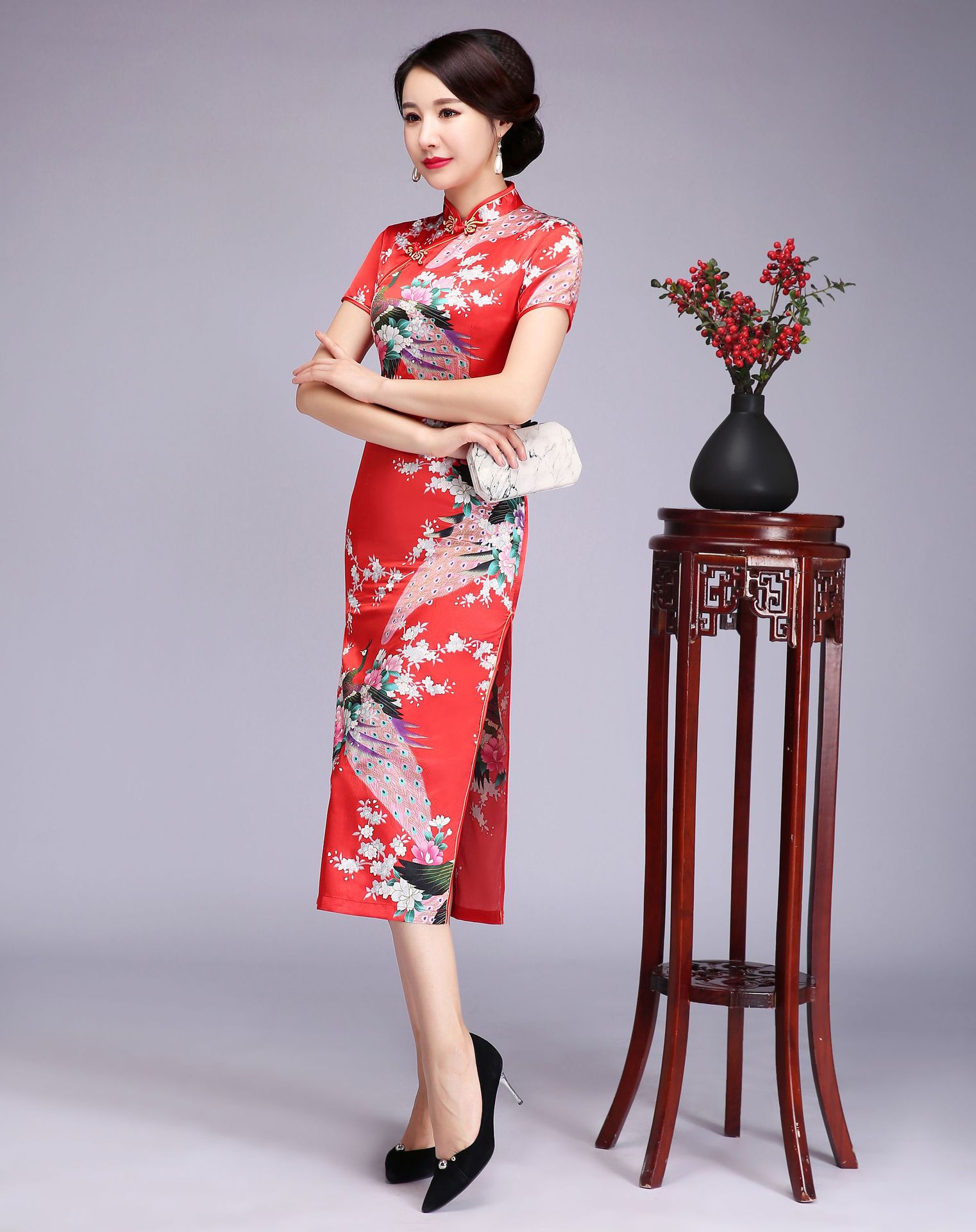Čínské šaty cheongsam（Páv---červený）