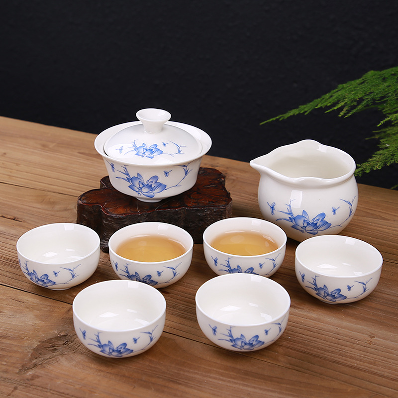 Čínský Kungfu čajový set---Činský bílý porcelán (Orchideje a vážky ）