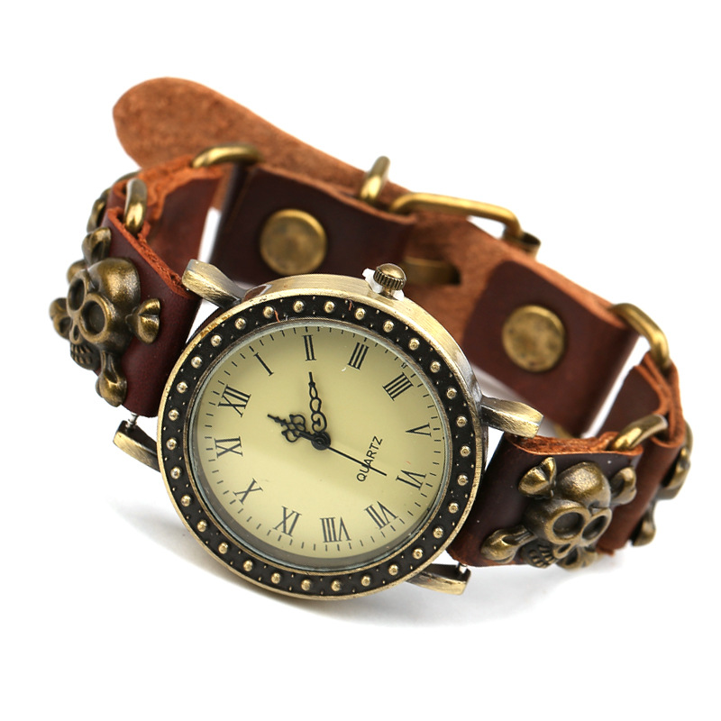 Elektronické pánské hodinky, kožený řemínek s lebkami 