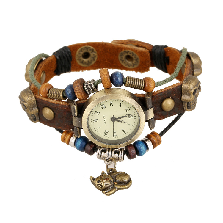 Elektronické dámské hodinky, kožený řemínek s lebkami a kat
