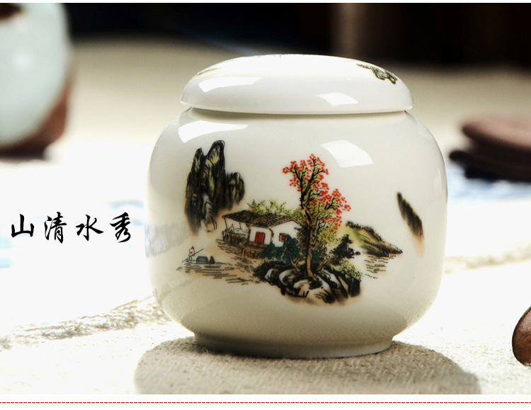 Čínská čajová dóza - bílá keramika（Čínská tradiční vesnice）
