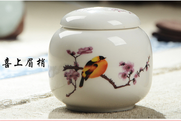 Čínská čajová dóza - bílá keramika（Broskvové květy a pták）