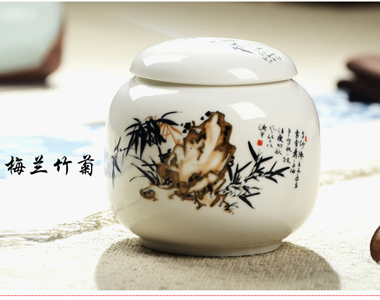 Čínská čajová dóza - bílá keramika（Bambus a kámen）