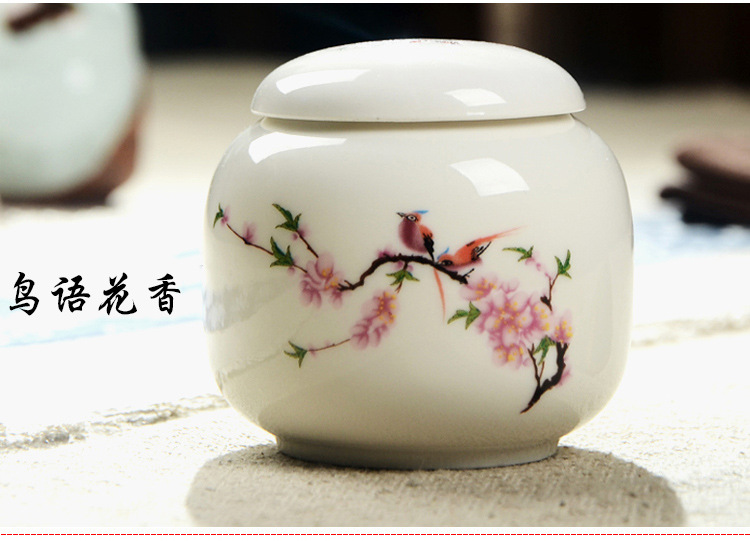 Čínská čajová dóza - bílá keramika（Broskvové květy a ptáci）