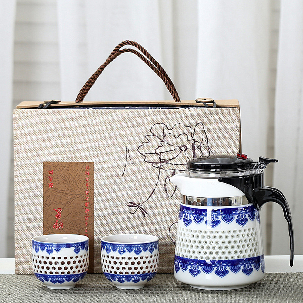Čínský čajový set – Linglong porcelán (modrý ratan)