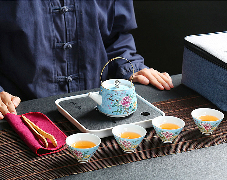 Cestovní Japonský čajový set - Světle modrá konvice s ouškem 1+4