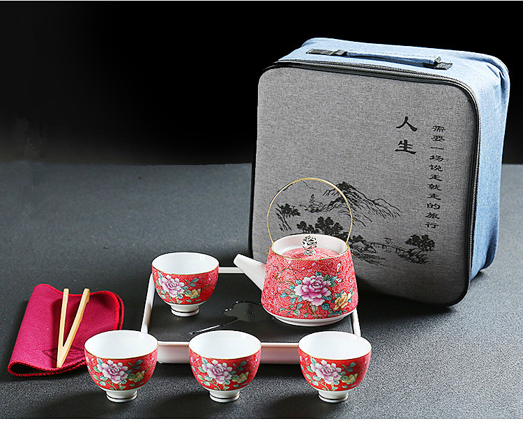 Cestovní Japonský čajový set - Červená konvice s ouškem 1+4