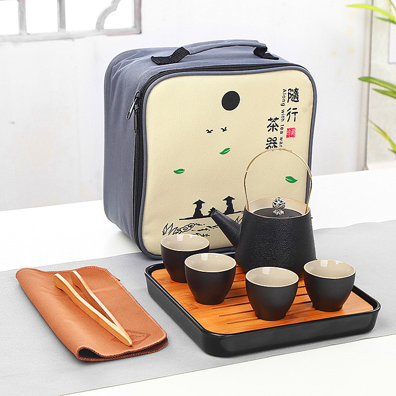 Cestovní Japonský čajový set - Černá konvice s ouškem 1+4