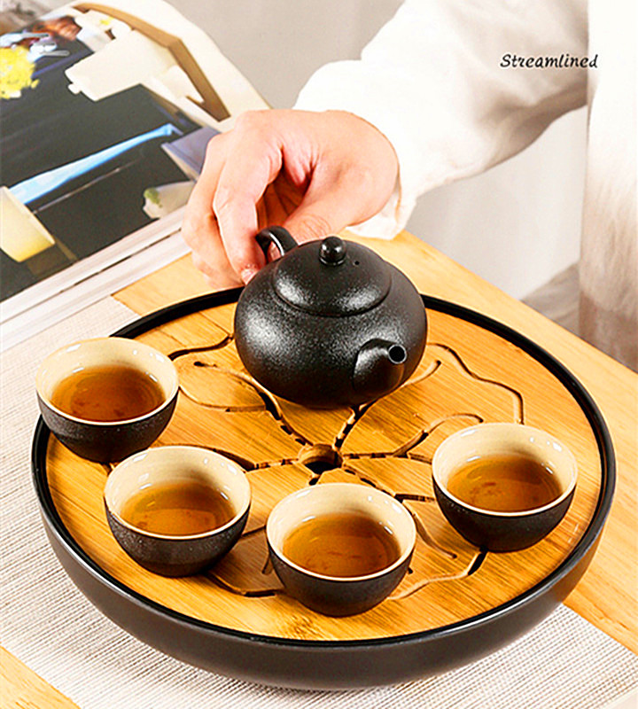 Japonský podnos na vodu pro čajový obřad - Černý, kulatý podnos