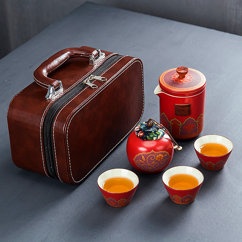 Cestovní, Japonský, pozlacený, čajový set 1 + 3 + 1 - Červený