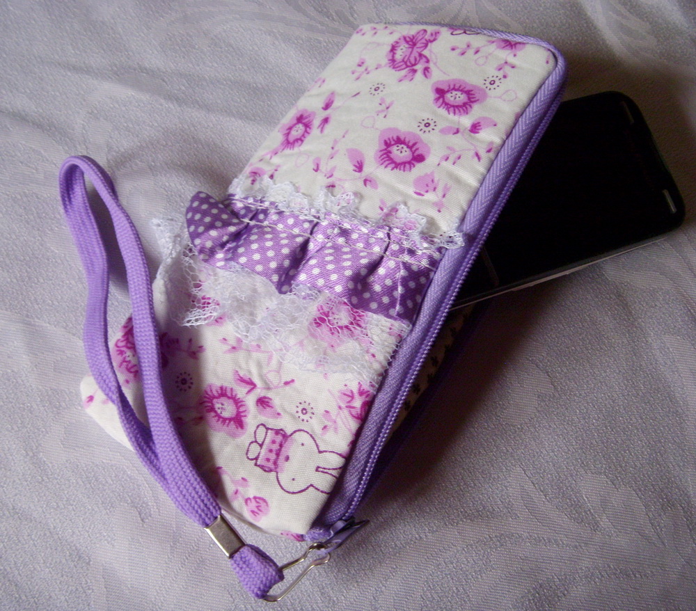 Obal na mobil s krajkou-fialová růže květ a králik